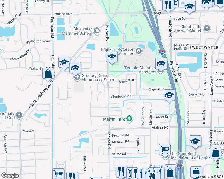 map of restaurants, bars, coffee shops, grocery stores, and more near 7572 Wendell Drive in Jacksonville