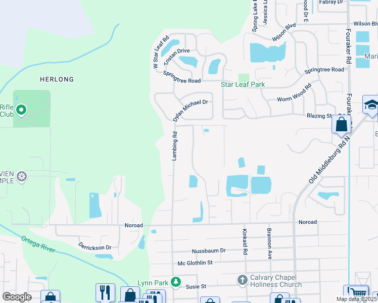 map of restaurants, bars, coffee shops, grocery stores, and more near 4504 Glendas Meadow Drive in Jacksonville
