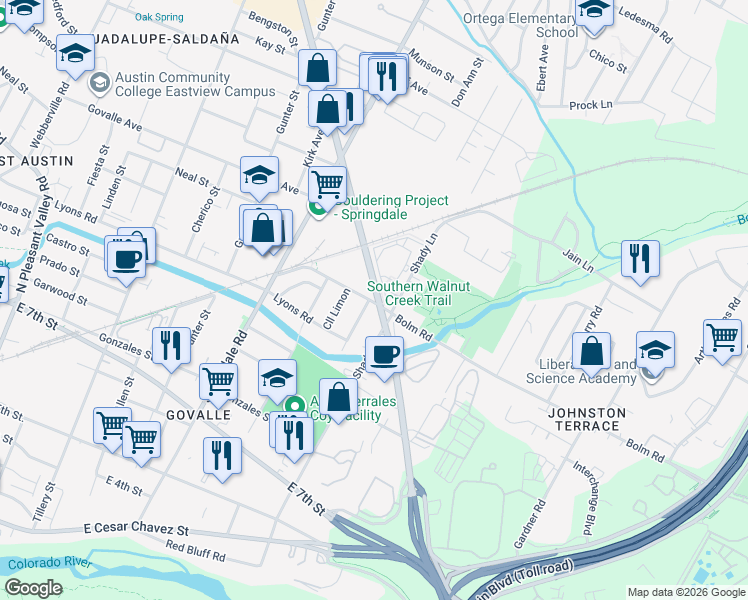map of restaurants, bars, coffee shops, grocery stores, and more near 1105 Airport Boulevard in Austin