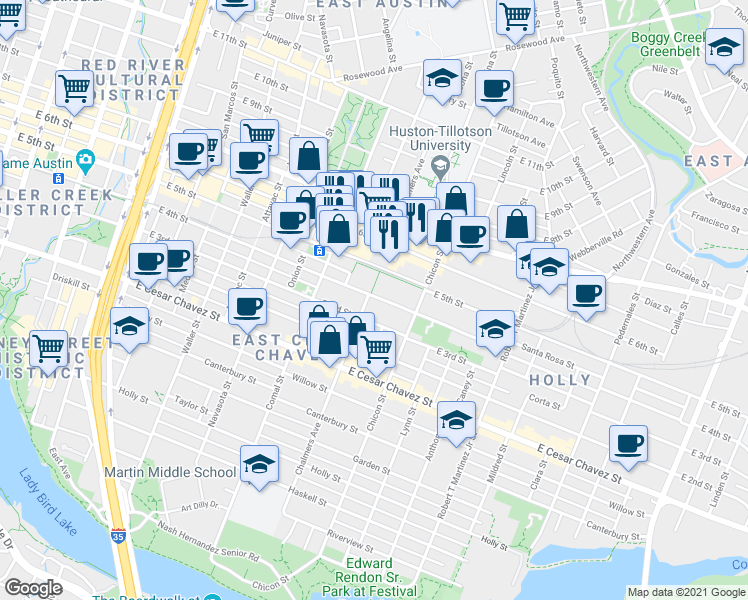 map of restaurants, bars, coffee shops, grocery stores, and more near 1700 East 4th Street in Austin
