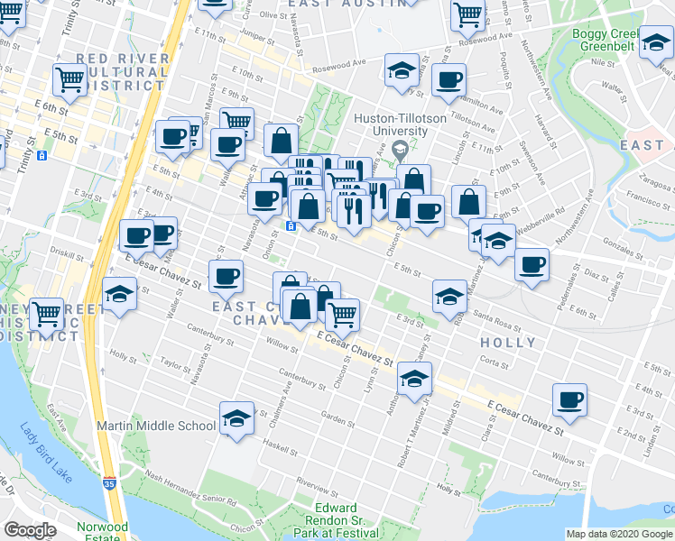 map of restaurants, bars, coffee shops, grocery stores, and more near 1700 East 4th Street in Austin
