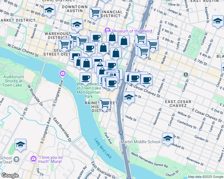 map of restaurants, bars, coffee shops, grocery stores, and more near 604 Driskill Street in Austin