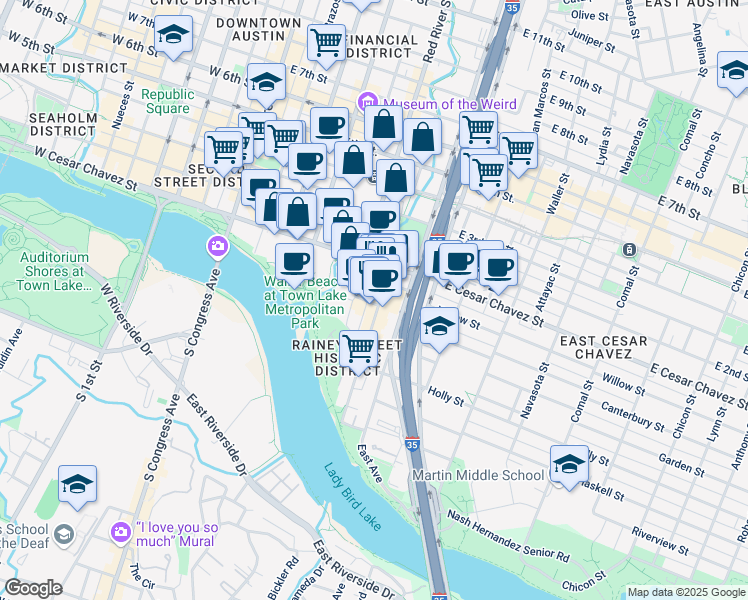 map of restaurants, bars, coffee shops, grocery stores, and more near 604 Driskill Street in Austin