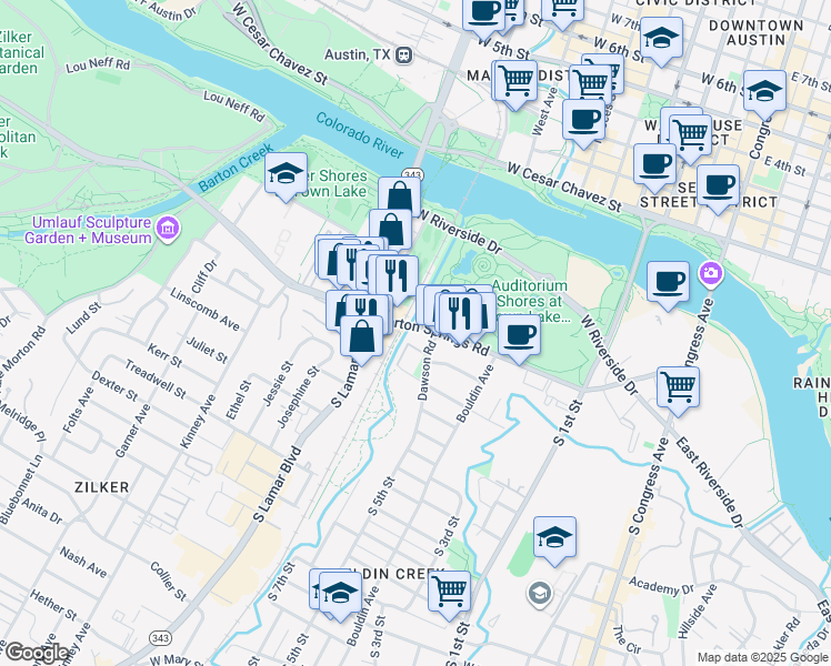 map of restaurants, bars, coffee shops, grocery stores, and more near 1155 Barton Springs Road in Austin