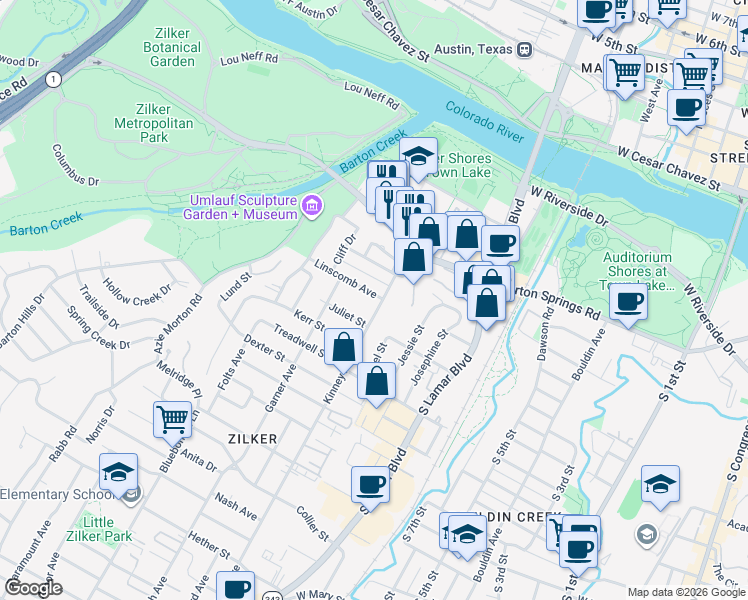 map of restaurants, bars, coffee shops, grocery stores, and more near 1612 Linscomb Avenue in Austin
