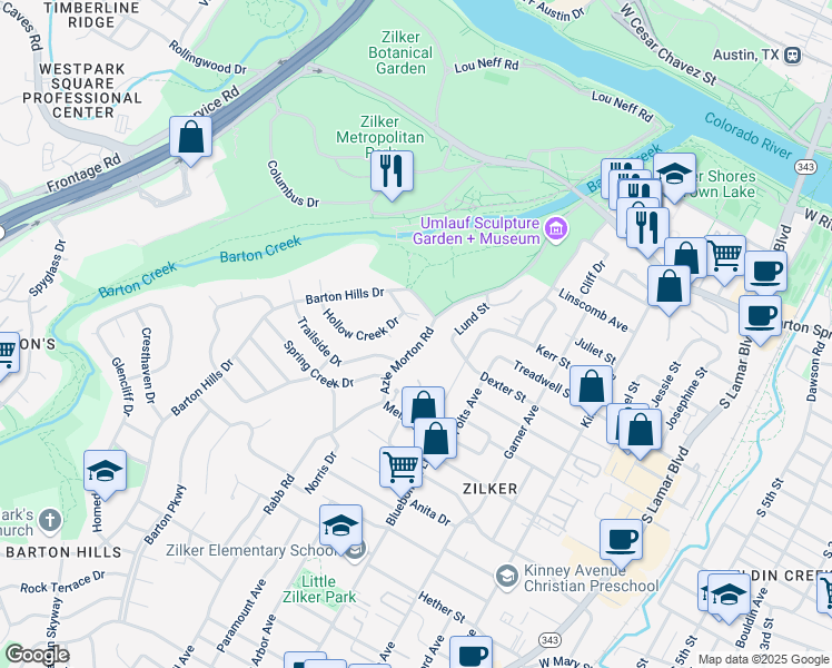 map of restaurants, bars, coffee shops, grocery stores, and more near 1100 Barton Hills Drive in Austin