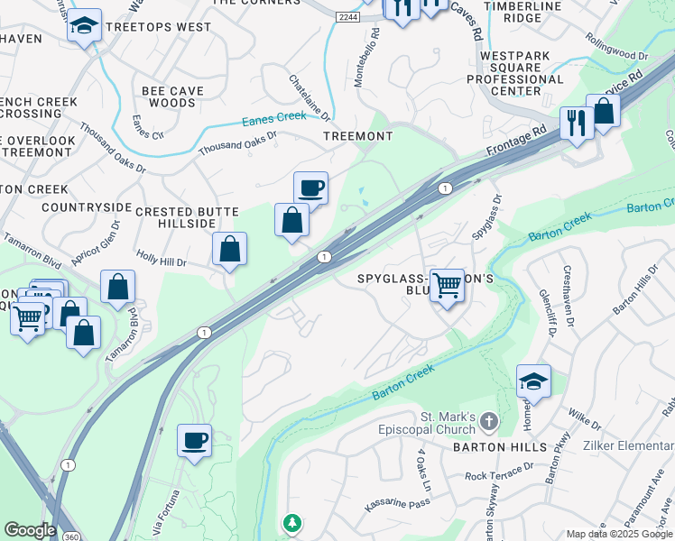 map of restaurants, bars, coffee shops, grocery stores, and more near Texas 1 Loop in Austin