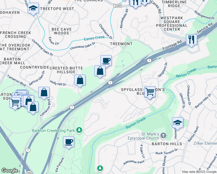 map of restaurants, bars, coffee shops, grocery stores, and more near 1700 MoPac Expressway in Austin