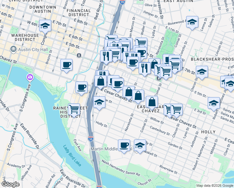 map of restaurants, bars, coffee shops, grocery stores, and more near 1102 East Cesar Chavez Street in Austin