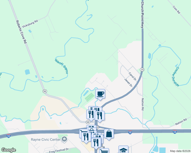 map of restaurants, bars, coffee shops, grocery stores, and more near 108 Greenwood Street in Rayne