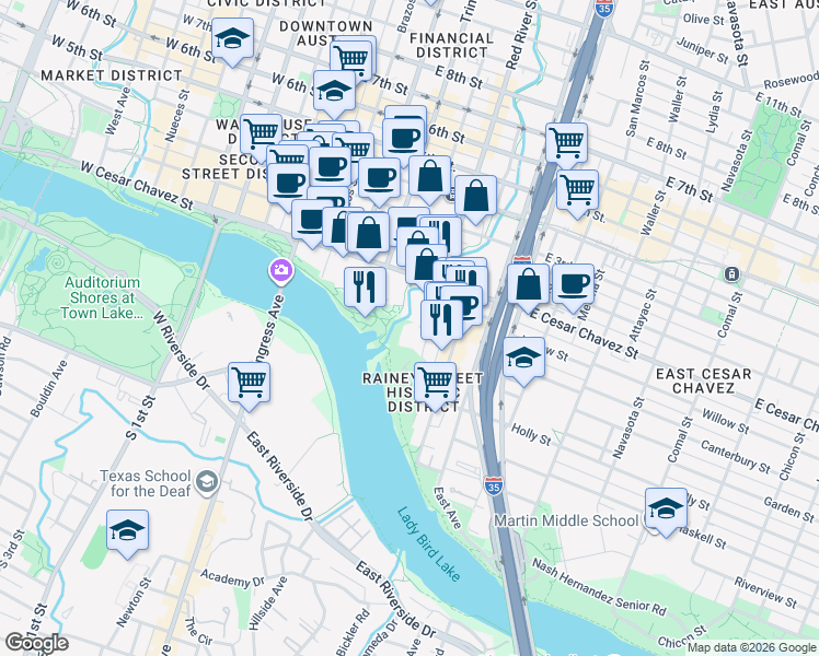 map of restaurants, bars, coffee shops, grocery stores, and more near 80 Red River Street in Austin