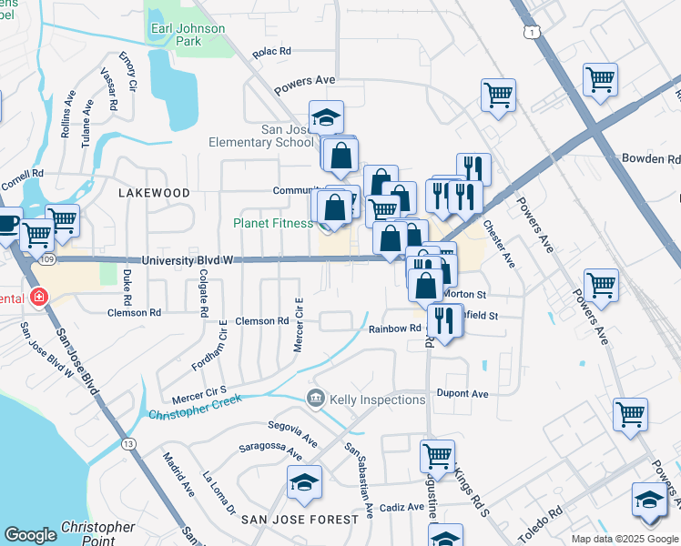 map of restaurants, bars, coffee shops, grocery stores, and more near 2845 University Boulevard West in Jacksonville