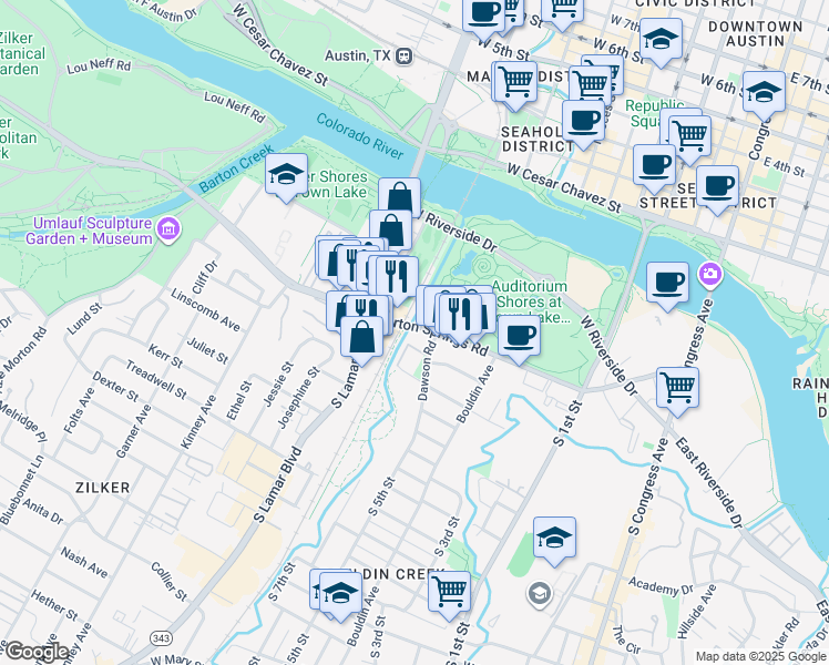 map of restaurants, bars, coffee shops, grocery stores, and more near 1155 Barton Springs Road in Austin