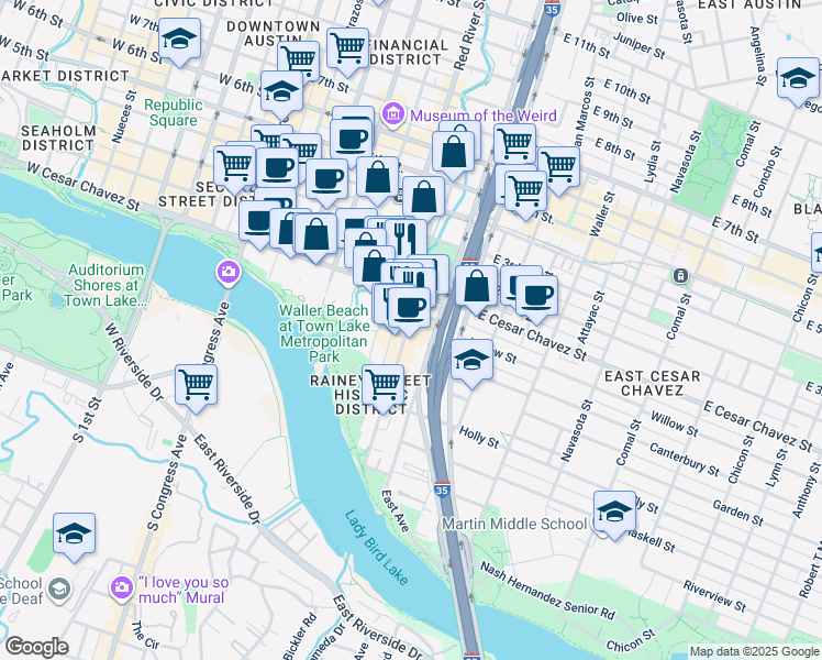 map of restaurants, bars, coffee shops, grocery stores, and more near 91 Rainey Street in Austin