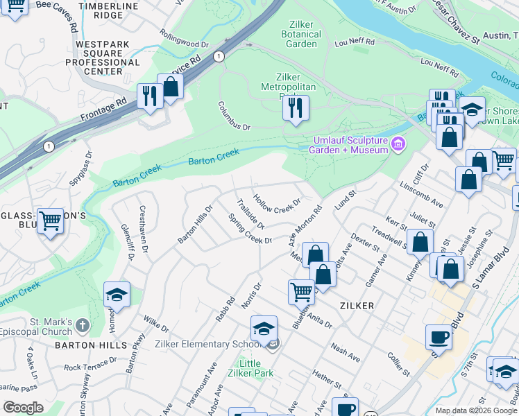 map of restaurants, bars, coffee shops, grocery stores, and more near 1215 Hollow Creek Drive in Austin