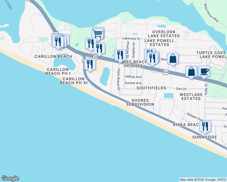 map of restaurants, bars, coffee shops, grocery stores, and more near 211 Palm Beach Drive in Panama City Beach
