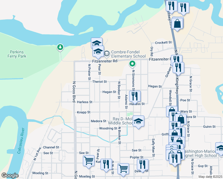 map of restaurants, bars, coffee shops, grocery stores, and more near 1825 Jr St in Lake Charles