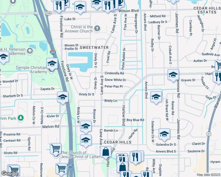 map of restaurants, bars, coffee shops, grocery stores, and more near 6856 Peter Pan Place in Jacksonville