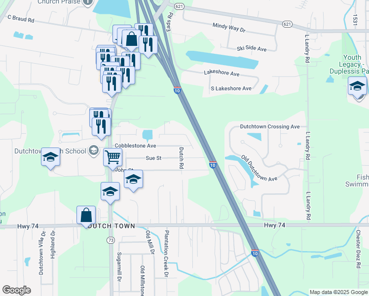 map of restaurants, bars, coffee shops, grocery stores, and more near 37203 Cobblestone Avenue in Geismar