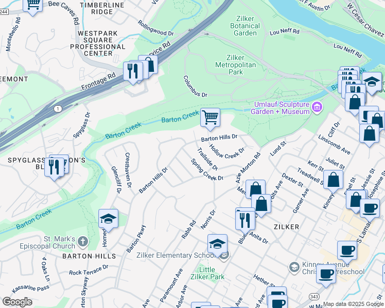 map of restaurants, bars, coffee shops, grocery stores, and more near 2502 Spring Creek Drive in Austin