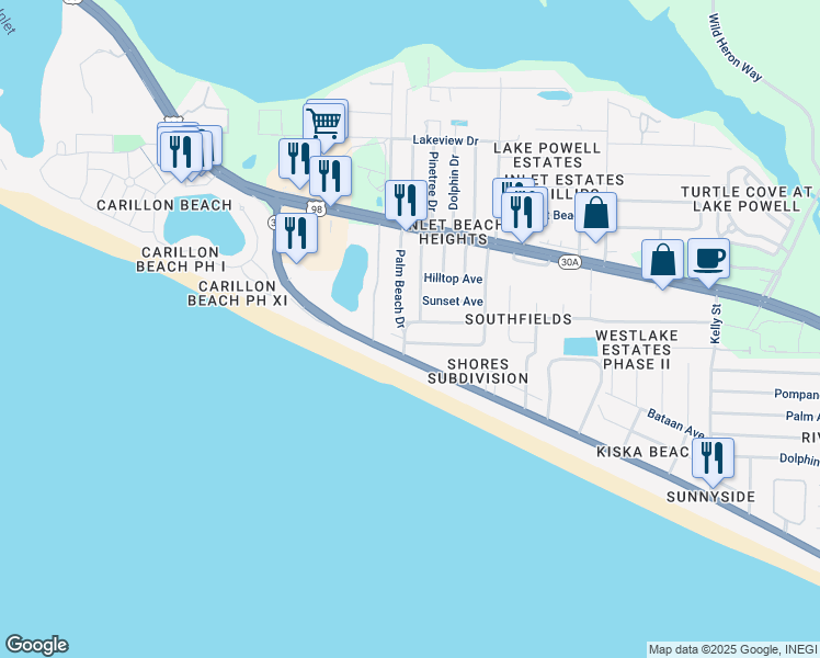 map of restaurants, bars, coffee shops, grocery stores, and more near 211 Pinetree Drive in Panama City Beach
