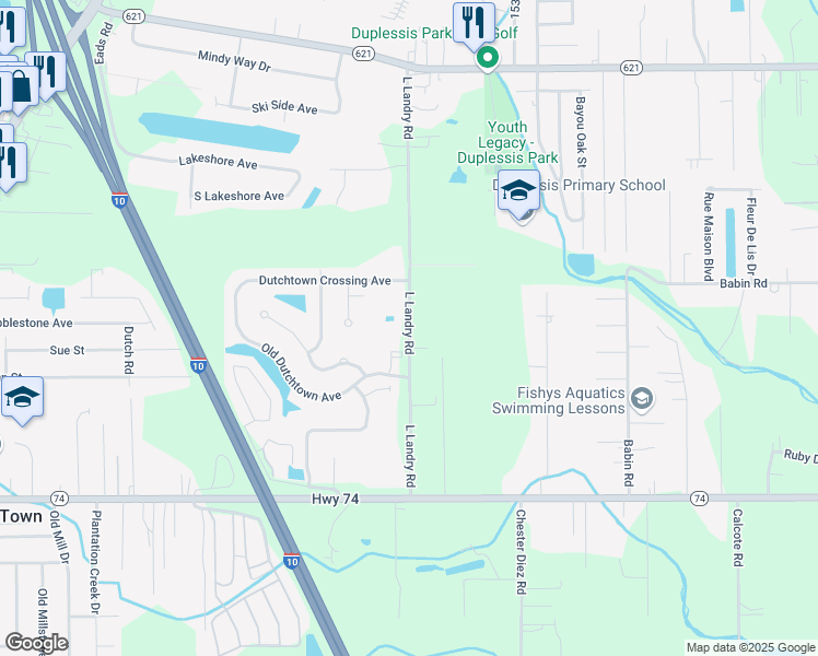 map of restaurants, bars, coffee shops, grocery stores, and more near 13227 L Landry Road in Gonzales