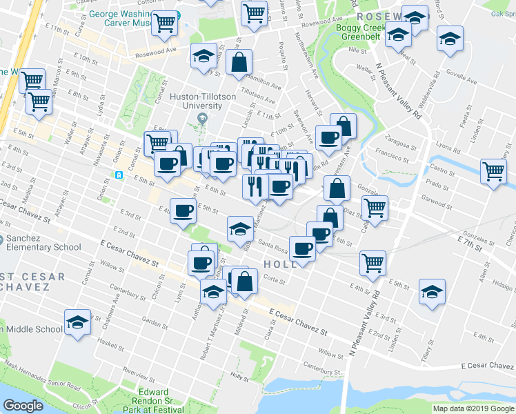 map of restaurants, bars, coffee shops, grocery stores, and more near 2124 East 6th Street in Austin