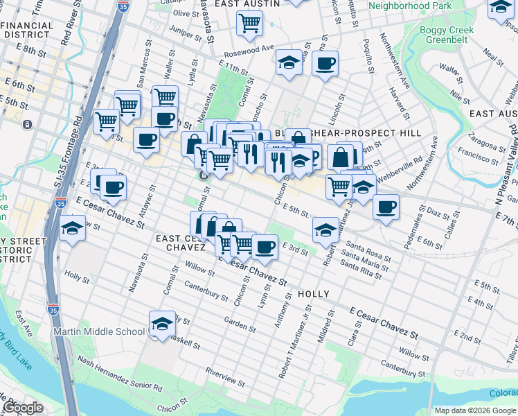 map of restaurants, bars, coffee shops, grocery stores, and more near 1800E East 4th Street in Austin