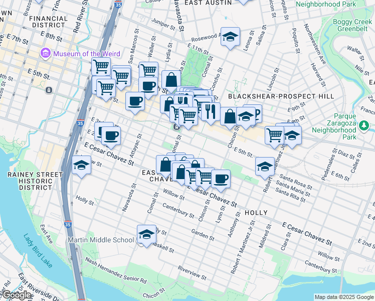map of restaurants, bars, coffee shops, grocery stores, and more near 1610 East 4th Street in Austin