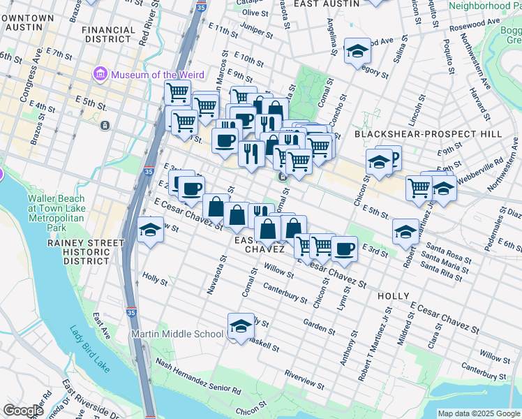map of restaurants, bars, coffee shops, grocery stores, and more near 1400 East 3rd Street in Austin