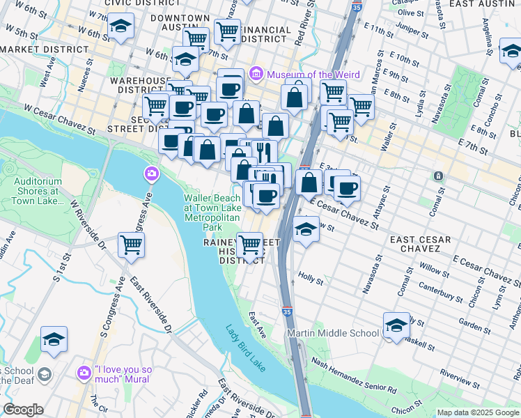 map of restaurants, bars, coffee shops, grocery stores, and more near 604 Driskill Street in Austin