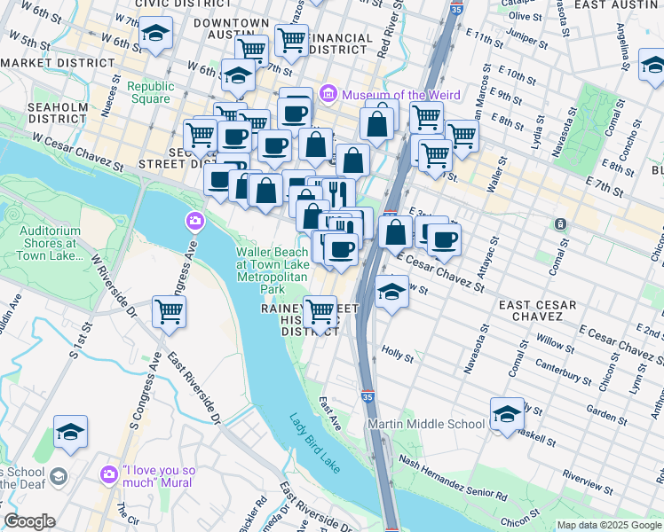 map of restaurants, bars, coffee shops, grocery stores, and more near 604 Driskill Street in Austin