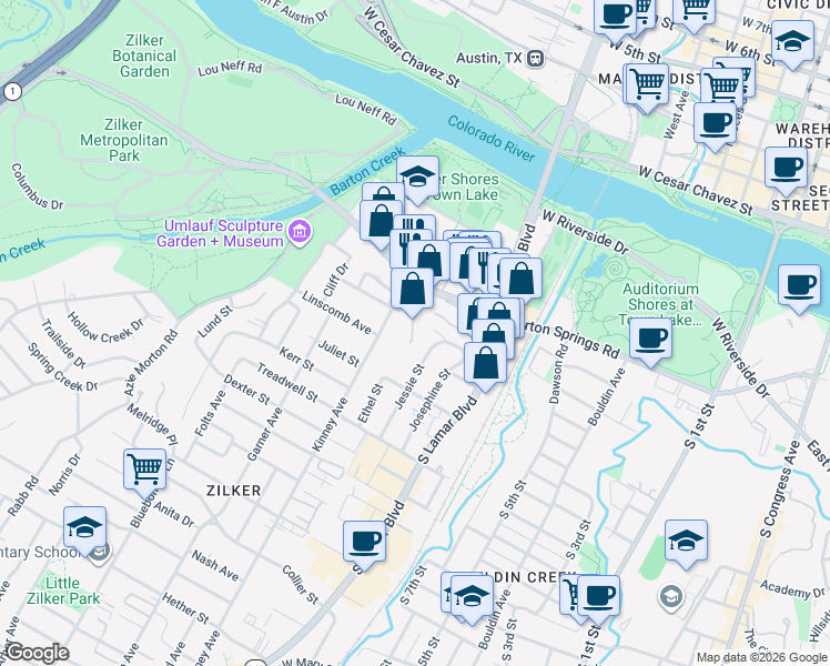 map of restaurants, bars, coffee shops, grocery stores, and more near 1501 Barton Springs Road in Austin
