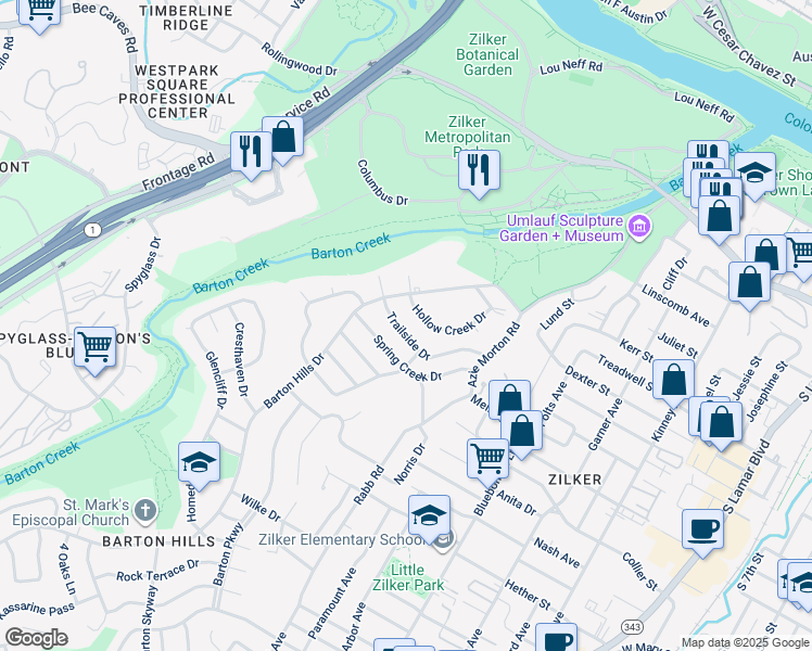 map of restaurants, bars, coffee shops, grocery stores, and more near 2504 Trailside Drive in Austin