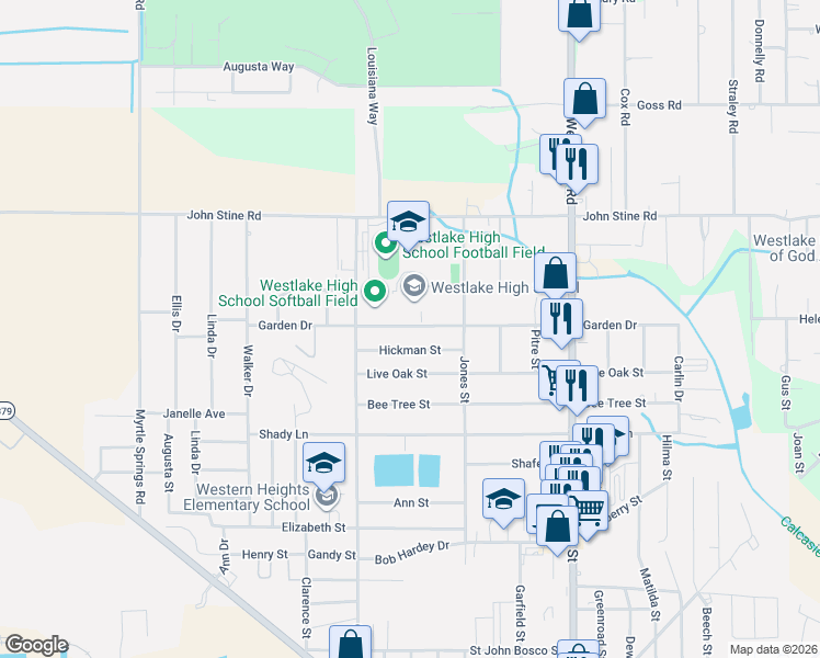 map of restaurants, bars, coffee shops, grocery stores, and more near Garden Drive in Westlake