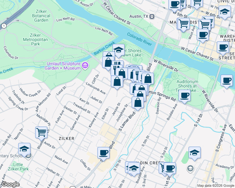 map of restaurants, bars, coffee shops, grocery stores, and more near 1501 Barton Springs Road in Austin