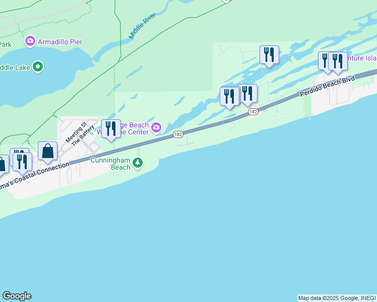 map of restaurants, bars, coffee shops, grocery stores, and more near 23926 Perdido Beach Boulevard in Orange Beach