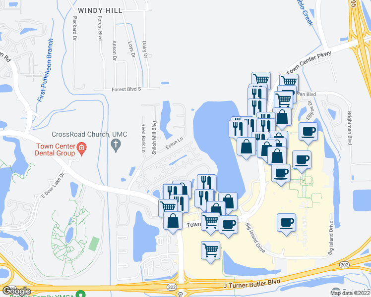 map of restaurants, bars, coffee shops, grocery stores, and more near 10136 Ecton Lane in Jacksonville