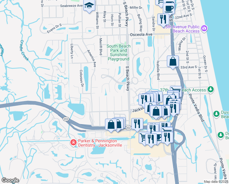 map of restaurants, bars, coffee shops, grocery stores, and more near 3572 Heron Drive South in Jacksonville Beach
