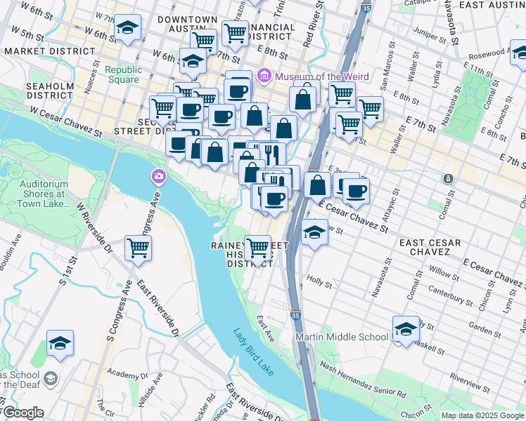 map of restaurants, bars, coffee shops, grocery stores, and more near 603 Davis Street in Austin