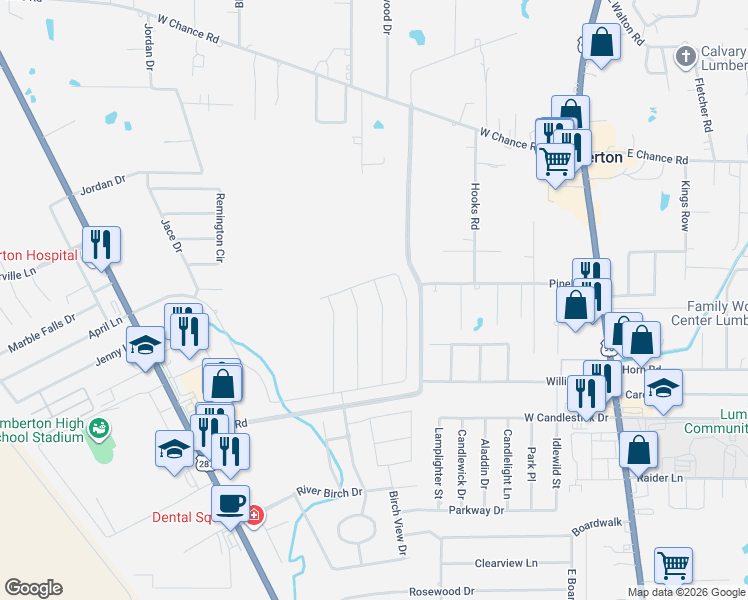 map of restaurants, bars, coffee shops, grocery stores, and more near 1400 Kalas Circle in Lumberton