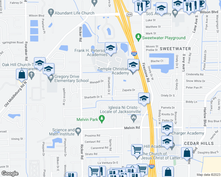 map of restaurants, bars, coffee shops, grocery stores, and more near 4243 Sharbeth Drive East in Jacksonville