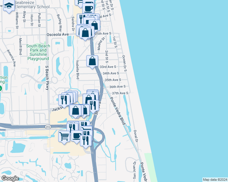 map of restaurants, bars, coffee shops, grocery stores, and more near 134 36th Avenue South in Jacksonville Beach