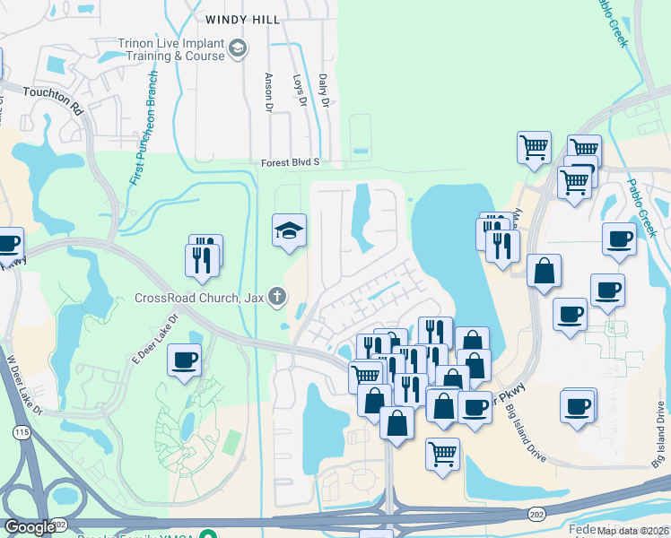 map of restaurants, bars, coffee shops, grocery stores, and more near 4608 Shiloh Mill Boulevard in Jacksonville