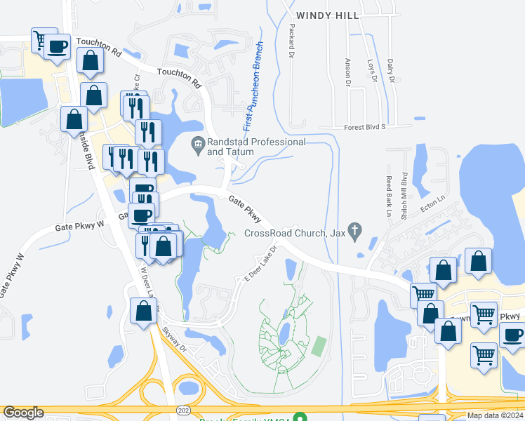map of restaurants, bars, coffee shops, grocery stores, and more near 9825 Gate Parkway North in Jacksonville