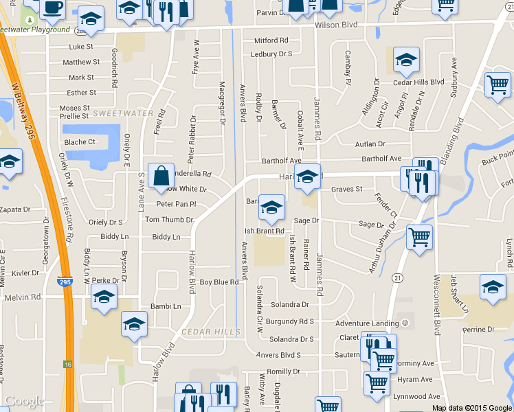 map of restaurants, bars, coffee shops, grocery stores, and more near 4225 Anvers Boulevard in Jacksonville