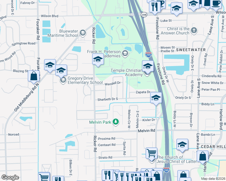map of restaurants, bars, coffee shops, grocery stores, and more near 4216 Sabine Drive in Jacksonville