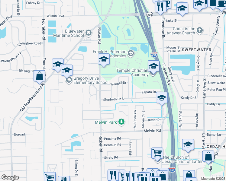 map of restaurants, bars, coffee shops, grocery stores, and more near 4216 Sabine Drive in Jacksonville