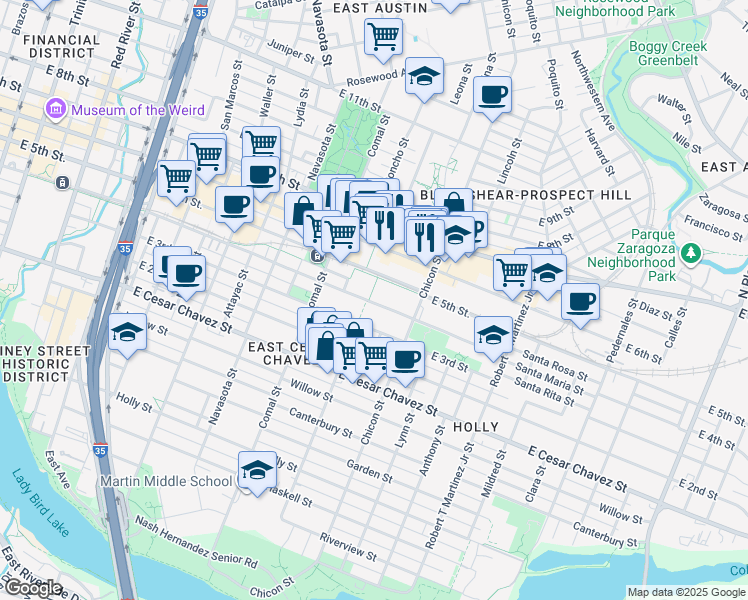 map of restaurants, bars, coffee shops, grocery stores, and more near 1700 East 4th Street in Austin