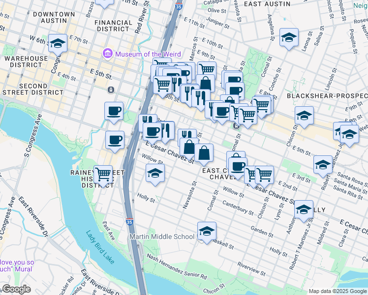 map of restaurants, bars, coffee shops, grocery stores, and more near 1106 East 2nd Street in Austin